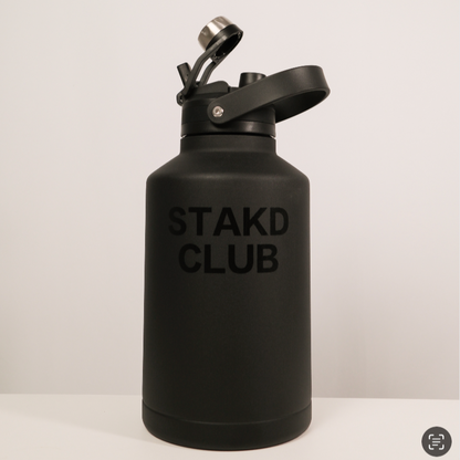 Black water bottle with 'STAKD CLUB' text on a white background