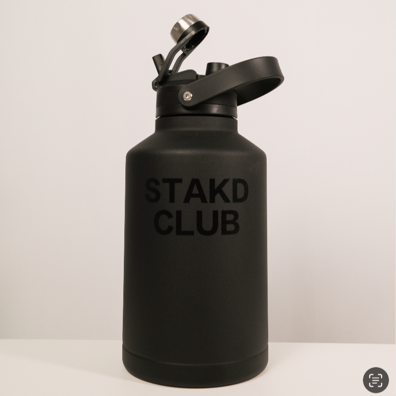 Black water bottle with 'STAKD CLUB' text on a white background